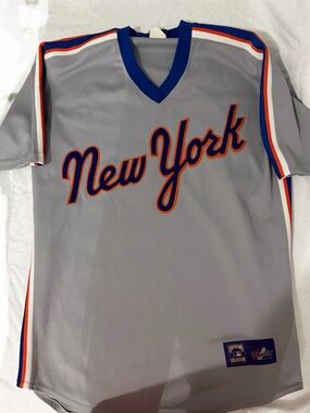 Cooperstown Collection Retro Mets Baseball Jersey in Gray & Royal Blue